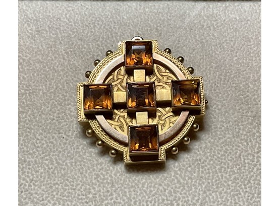 Antique 14K Gold And Citrine Celtic Cross Pin (CTF10)