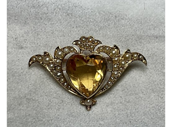 Signed - Antique Gold And Citrine Brooch (CTF10)