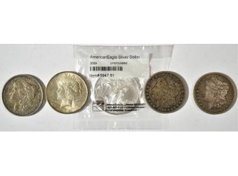 Four Silver Dollars & One American Silver Eagle (CTF10)