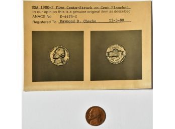 1980 Nickel Struck On A Cent Planchet (CTF10)