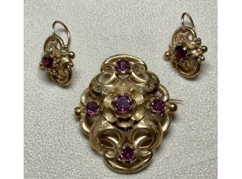 Antique 14k Gold And Garnet Pin And Earrings (CTF10)