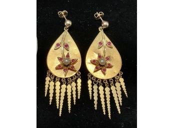 Pair 20k Gold Ruby And Pearl Earrings (CTF10)