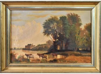 19th C. Primitive Landscape,  Oil On Canvas (CTF20)