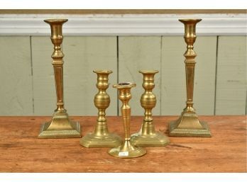 Five Antique Brass Candlesticks (CTF10)