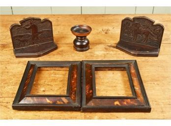 Country Woodenware Lot: Bookends, Sander, And Frames (CTF10)