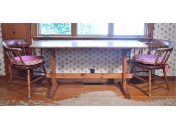Vintage Shoe-foot Pine Trestle Table With Two Matching Captains Chairs (CTF50)