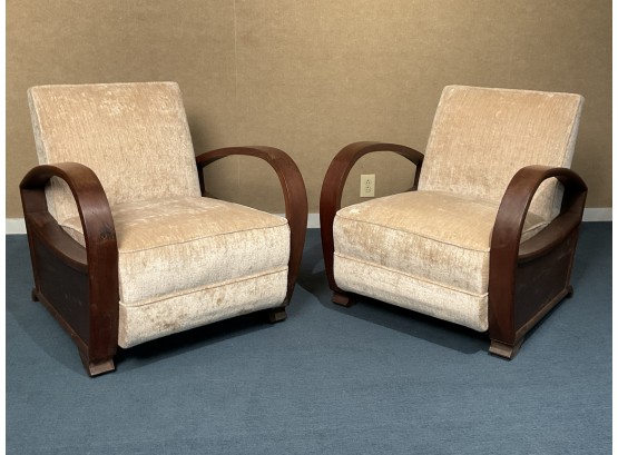 Pair Of Chinese Art Deco Rose Wood And Velvet Armchairs (CTF40)