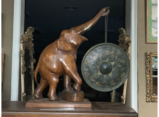 Burmese Teak Carved Elephant On Stand & Brass Gong (CTF20)