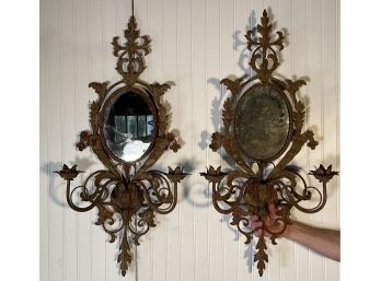 Pair Of Late 19th C. Iron French Mirrored Wall Sconces (CTF20)