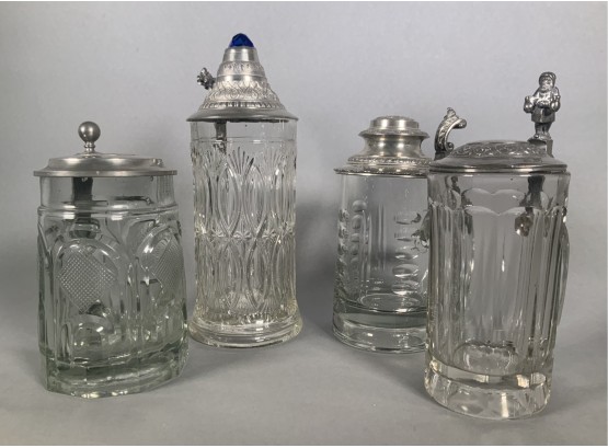 Four Glass Tankards With Hinged Pewter Lids (CTF10)
