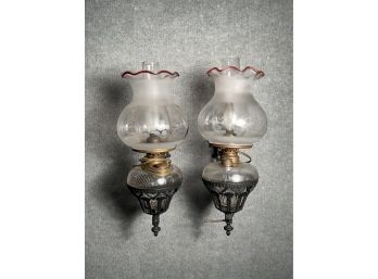 Pair Of Victorian Bracket Lamps With Clear Etched Ruffled Red Edge Shades (CTF20)