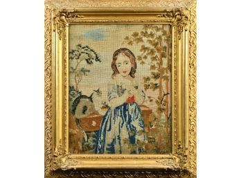 19th C. Needlework Of Girl And Cat (CTF10)