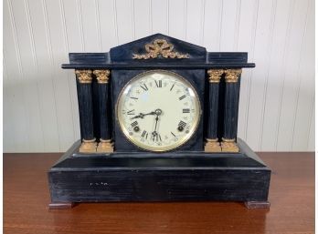 Antique Black Metal And Gilded Mantle Clock (CTF10)