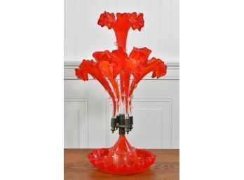 Vintage Red Glass Trumpet Form Epergne(CTF20)