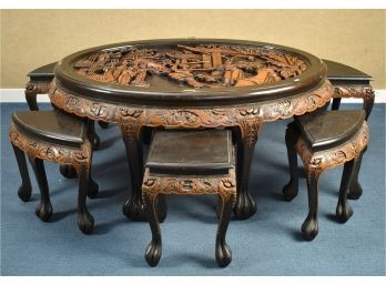 Antique Asian Tea Table With Nesting Stools (CTF20)