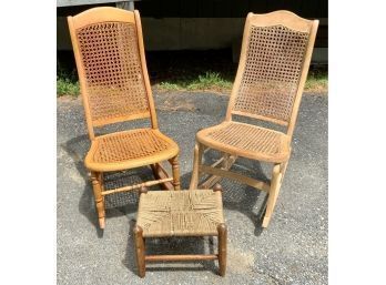 Two Antique Caned Rockers With Stool (CTF10)