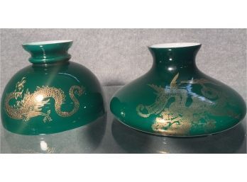 Two Antique Green Glass Lamp Shades With Dragon Motifs (CTF20)