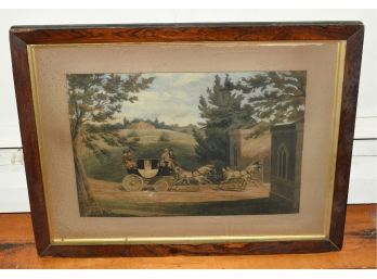 Antique English Coaching Print In A Rosewood Frame