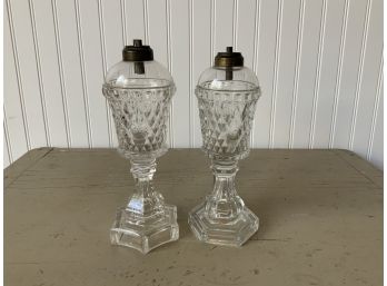 Two Clear Glass Whale Oil Lamps