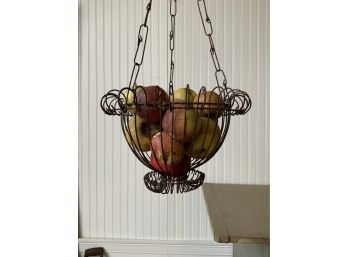 Late 19th C. Painted Wood Fruit In A Wire Hanging Basket