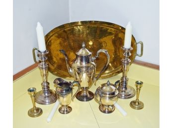 Assorted Lot Of Silver Plate With Brass Tray