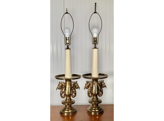 Pair Of Chinese Brass And Silver Inlaid Lamps (CTF10)