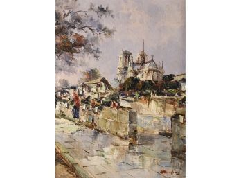 Julien Brosius Oil On Canvas, Bouquinistes Of Paris And Notre Dame (CTF10)