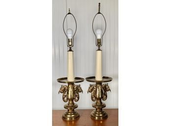 Pair Of Chinese Brass And Silver Inlaid Lamps (CTF10)