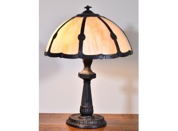 Art Nouveau Style Metal Lamp With With Slag Glass Shade (CTF20)