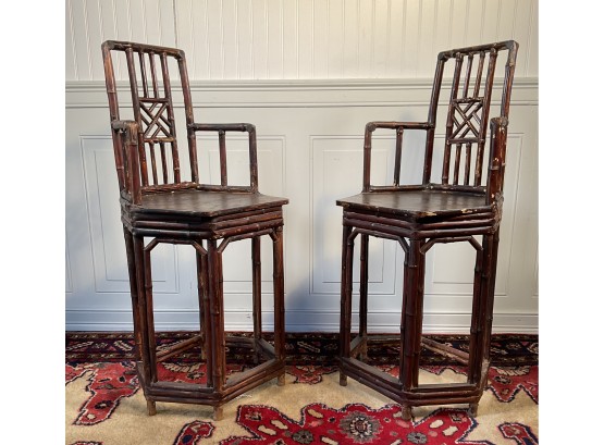 Pair Of Early 20th C. Chinese Bamboo Rose Chairs (CTF20)
