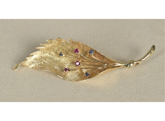 14K Yellow Gold, Ruby And Sapphire Leaf Pin, 8.5 Grams (CTF10)
