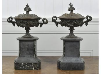 Pair Antique French Bronze And Marble Mantel Urns (CTF10)