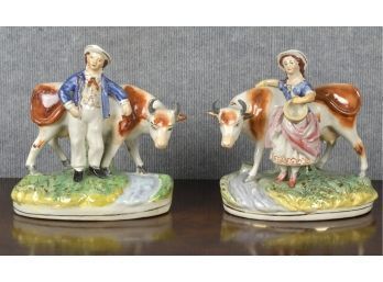 Pair Of 19th C. Staffordshire Figural Groups, Milkmaid & Boy (CTF10)
