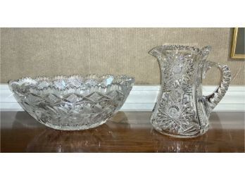 Antique Cut Glass Bowl And Pitcher (CTFl10)