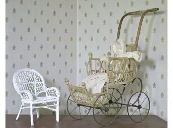 Antique Dolls Stroller And Wicker Chair (CTF10)