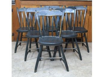 Set Of Six 19th C. Green Painted Windsor Thumb Back Chairs (CTF20)