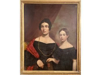 19th C. Oil On Canvas Portrait Of Mother And Daughter (CTF20)