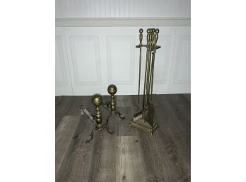 Early 19th C. Andirons Tools And Bed Warmer