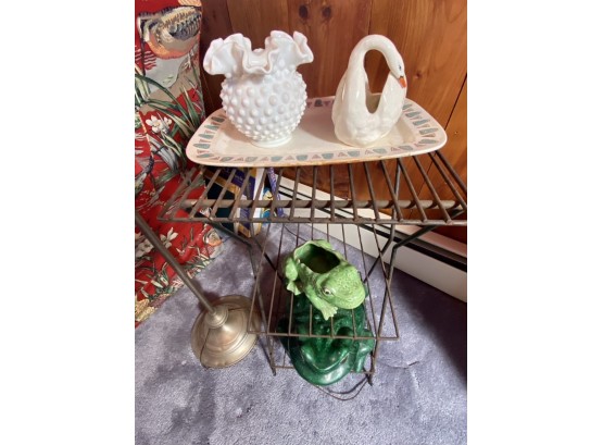 Metal Rack, Floor Lamp, Milk Glass Vase And Frog Figures (CTF20)