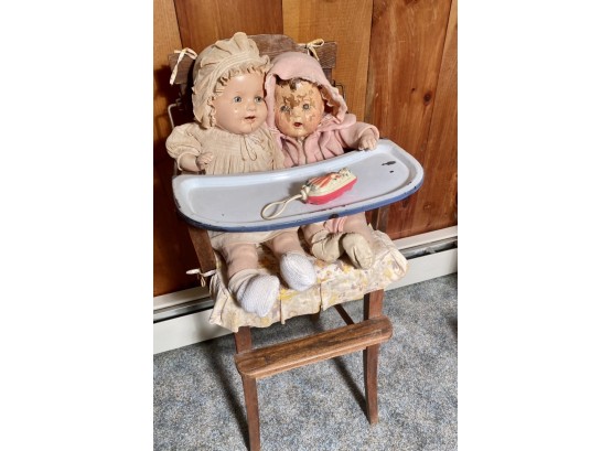 Two Antique Dolls, High Chair, Rattle (CTF20)