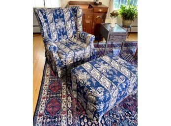 Blue And White Upholstered Wing Chair & Ottoman (cTF30)