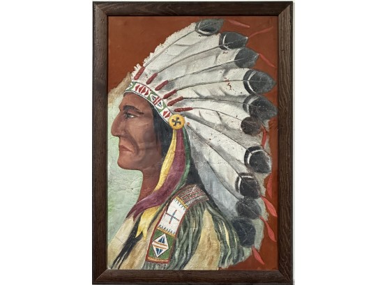 20th C. Oil On Leather, Native American Chief (CTF10)