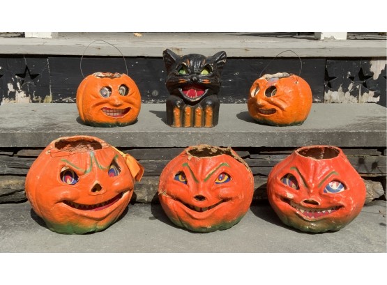 Antique Paper Mache Pumpkin And Cat Form Candy Baskets (CTF20)