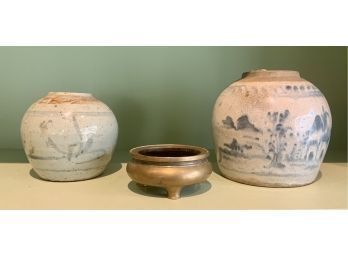 Antique Chinese Earthenware Jars And Bronze Censer (CTF10)