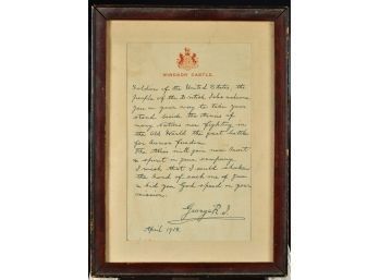 Print Of King George V Letter, Presented To US Troops WWI (CTF10)