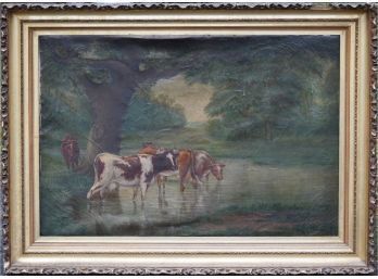 19th C. Primitive Oil On Canvas, Cows In A Landscape (CTF20)