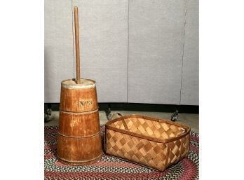 Antique Splint Gathering Basket And Butter Churn (CTF10)