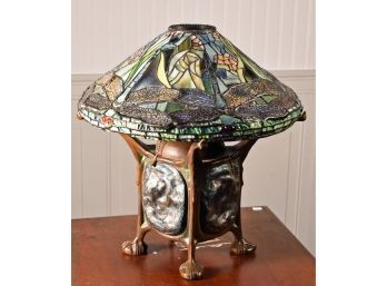 Vintage Bronze Stained And Leaded Glass Table Lamp (CTF20)