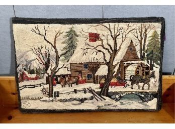 Vintage Hooked Rug, Winter Time Farm Scene (CTF10)