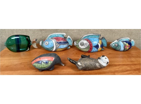 Six Pottery And Glass Animal And Fish Sculptures (CTF10)